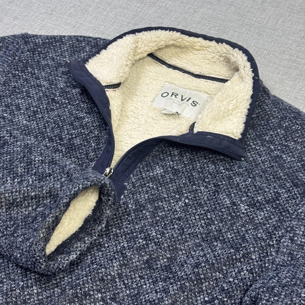 Orvis Sherpa Lined 1/4 Zip Pullover Sweater Mens L Blue Heavyweight Chunky-Knit
